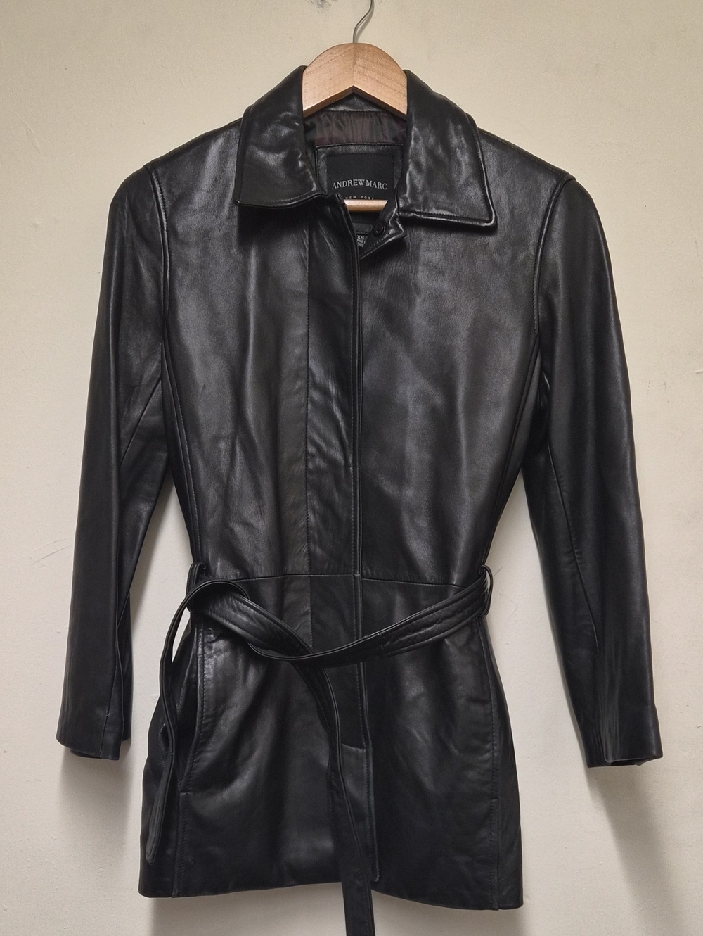 Andrew Marc Black Leather Belted Jacket | Size XS